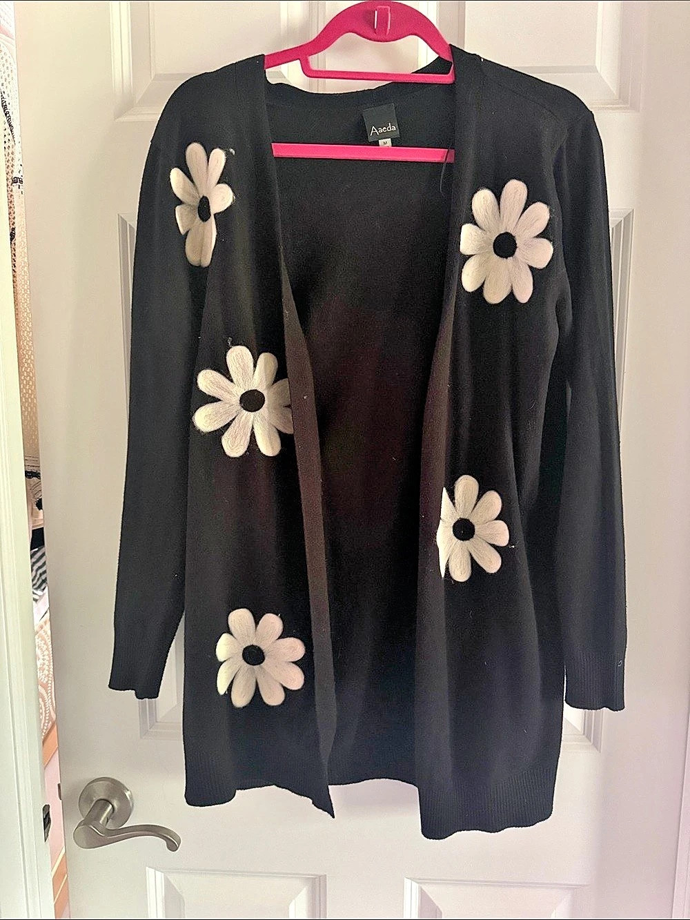 Aaeda Black Daisy Appliqué Longline Cardigan Size M